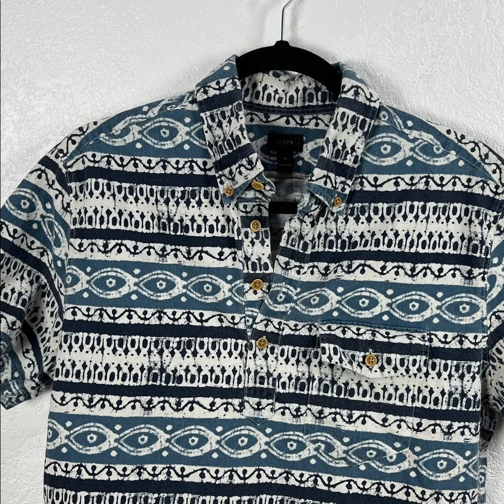 J Crew Shirt Sz M Multicolor Short Sleeve Button Down Aztec Print‎ Cotton TC0776